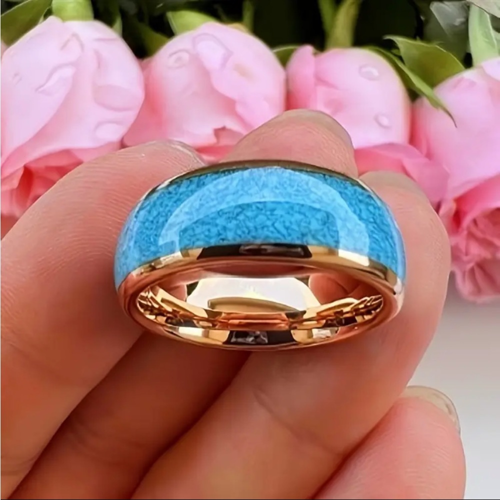 8mm Rose Gold & Turquoise Inlay Dome Ring -  Titanium Stainless Steel Ring